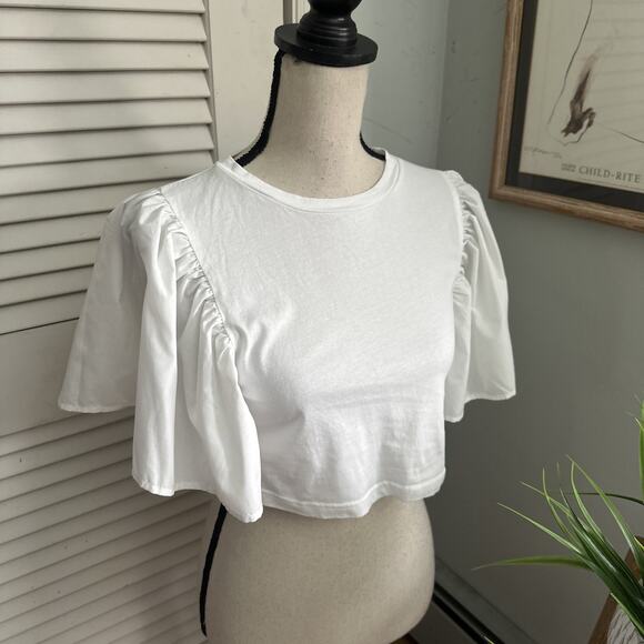 En Saison Top Womens Medium White Cropped Top Puff Sleeve Dainty Soft Feminine - Picture 2 of 6